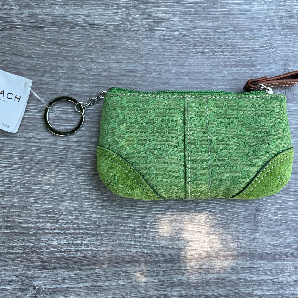 Coach green coin purse signature c with suede detail
